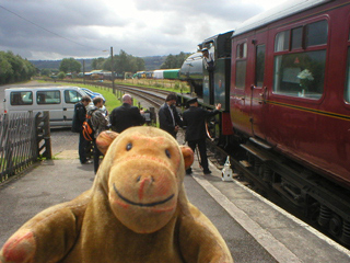 Mr Monkey watching the locomotive being connected to the train