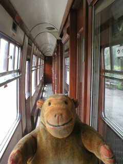 Mr Monkey in the corridor of his coach