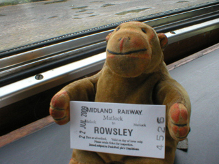 Mr Monkey holding his ticket aboard the train
