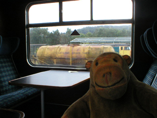 Mr Monkey looking across the carriage to see the stockyard