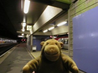 Mr Monkey on the platform at Stafford station