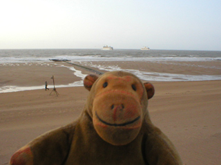 Mr Monkey watching two Transeuropa ferries passing each other outside Ostende harbour