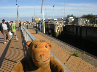 Mr Monkey looking at the half-open lock gates