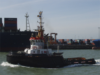 The tug Union Coral passing the CMA CGM Musca