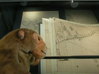 Mr Monkey examining plans made during the archeological excavations