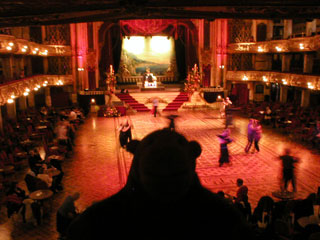 Mr Monkey looking down on the ballroom from an upper level