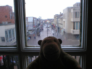 Mr Monkey looking down Victoria Street from the Winter Gardens