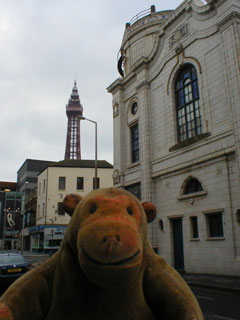 Mr Monkey looking at the Tower from beside the Winter Gardens