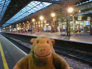 Mr Monkey waiting on the platform at Preston station