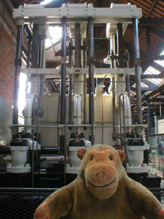 Mr Monkey looking at a pumping engine from Manchester's hydraulic system