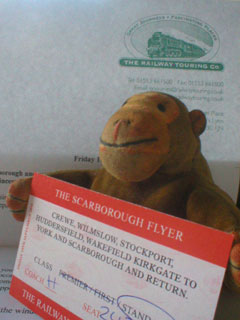 Mr Monkey looking at a ticket for the Scarborough Flyer