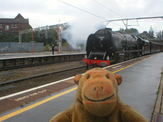 Mr Monkey watching the Duchess of Sutherland hauling the Scarborough Flyer into Stockport