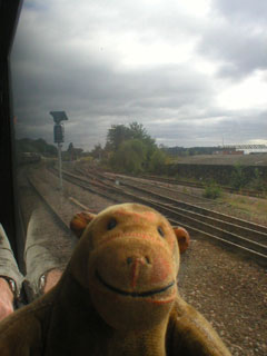 Mr Monkey looking at Wakefield Kirkgate station from the end of the train