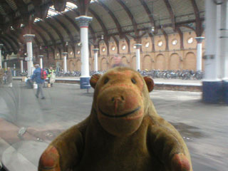 Mr Monkey looking at York station from the Scarborough Flyer