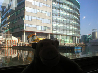Mr Monkey looking at the new BBC offices in the MediaCityUK complex