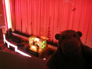 Mr Monkey looking over the balcony of the circle to see the organ in action