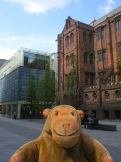 Mr Monkey looking at the new John Rylands building