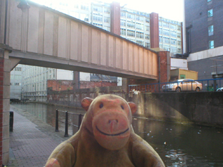 Mr Monkey looking at the bridge taking power cables over the canal