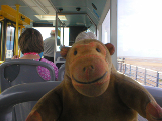 Mr Monkey sitting in the tram on the pier