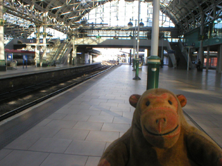 Mr Monkey waiting for a train at Piccadilly station