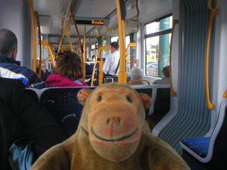 Mr Monkey aboard a tram from Blackpool to Fleetwood