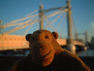 Mr Monkey in front of the Albert Bridge