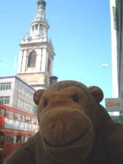 Mr Monkey with the steeple of Bow church