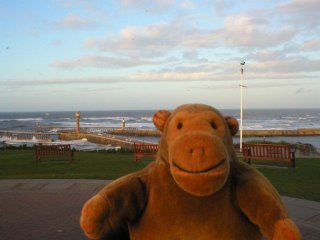 Mr Monkey overlooking Whitby's harbour walls