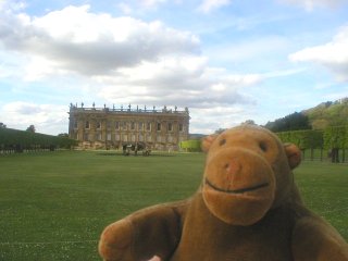 Mr Monkey in front of the south end of Chatsworth House