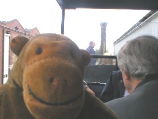 Mr Monkey on board an 1830s train to Liverpool