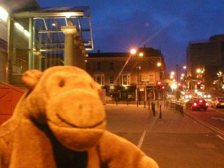 Mr Monkey and the Harrogate conference centre by night