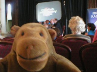 Mr Monkey at the Front Row recording (just visible on stage - Leif Davidsen, Peter Robinson, Jeffrey Deaver)