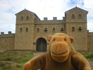 Mr Monkey outside Arbeia Roman fort gatehouse