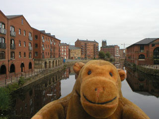 Mr Monkey on the footbridge across the Aire