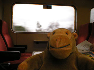 Mr Monkey aboard the train to Ipswich