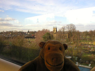 Mr Monkey passing through Hazel Grove on the train