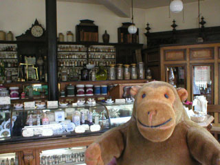 Mr Monkey inside the chemists shop