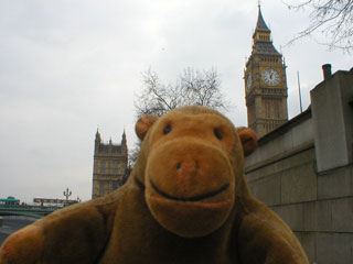 Mr Monkey on the Embankment, below the Houses of Parliament