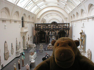 Mr Monkey looking at the statue gallery of the V & A