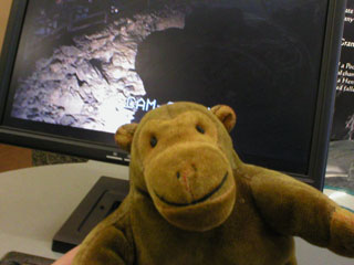 Mr Monkey in front of a screen showing the caverns