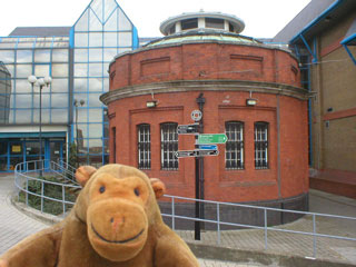 Mr Monkey outside the entrance to the Woolwich Foot tunnel