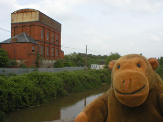 Mr Monkey on a canal bridge, looking at a depot building
