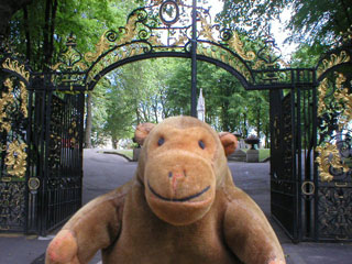 Mr Monkey at the gates of St Pancras garden