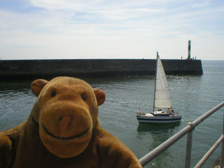 Mr Monkey watching a small boat sail into the harbour