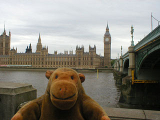 Mr Monkey looking the Houses of Parliament from across the Thames