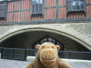 Mr Monkey looking at St Thomas's Tower, with Traitors Gate under it