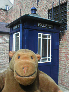 Mr Monkey beside a police telephone box