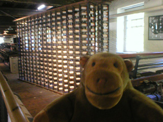 Mr Monkey in front a beam warping machine