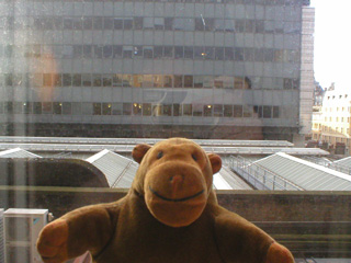 Mr Monkey looking out at the roof of Charing Cross station