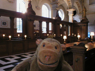 Mr Monkey looking at the nave of St Bride's church